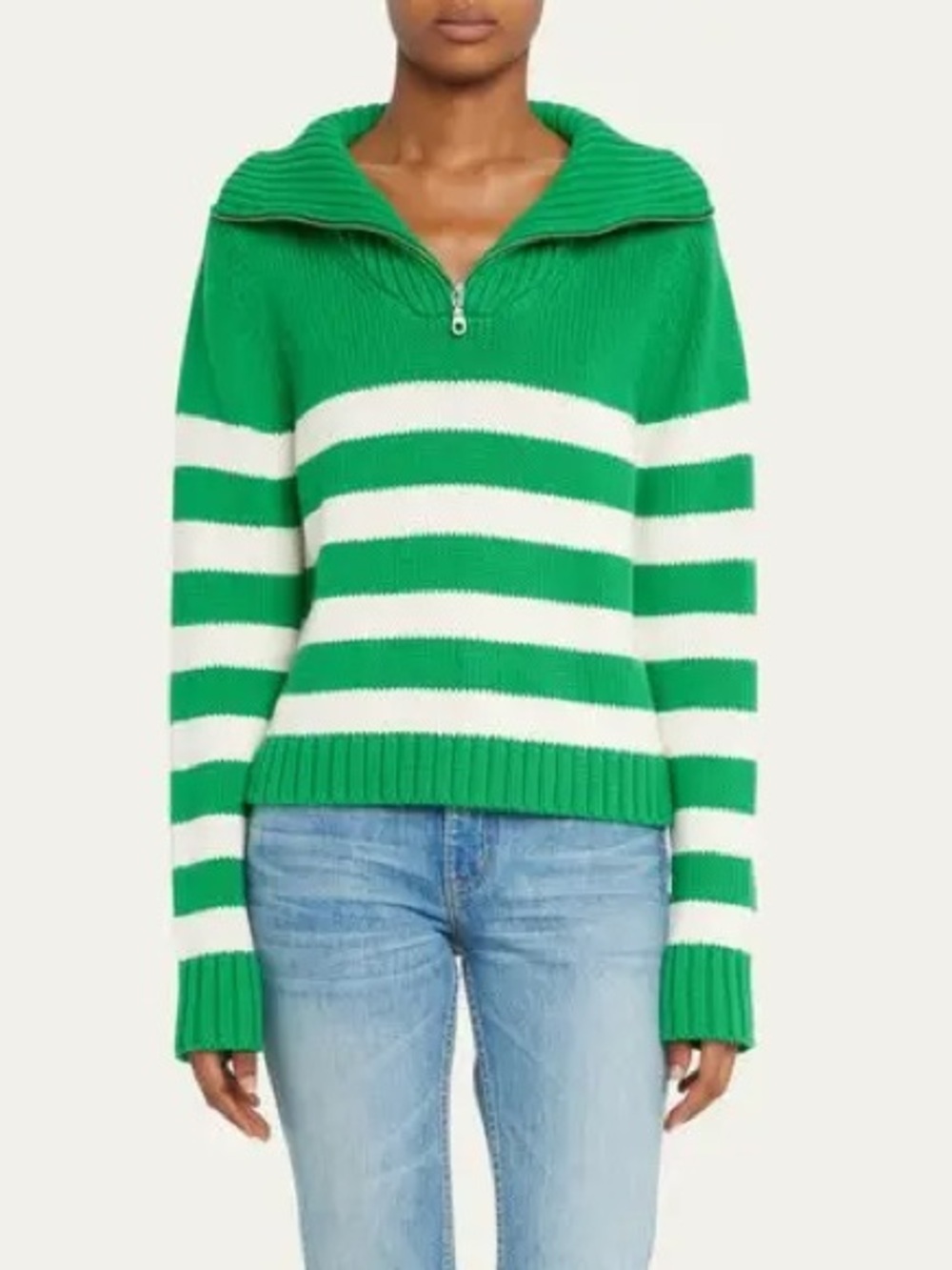 KULE The Matey Striped Quarter Zip Cotton Sweater Green White XL